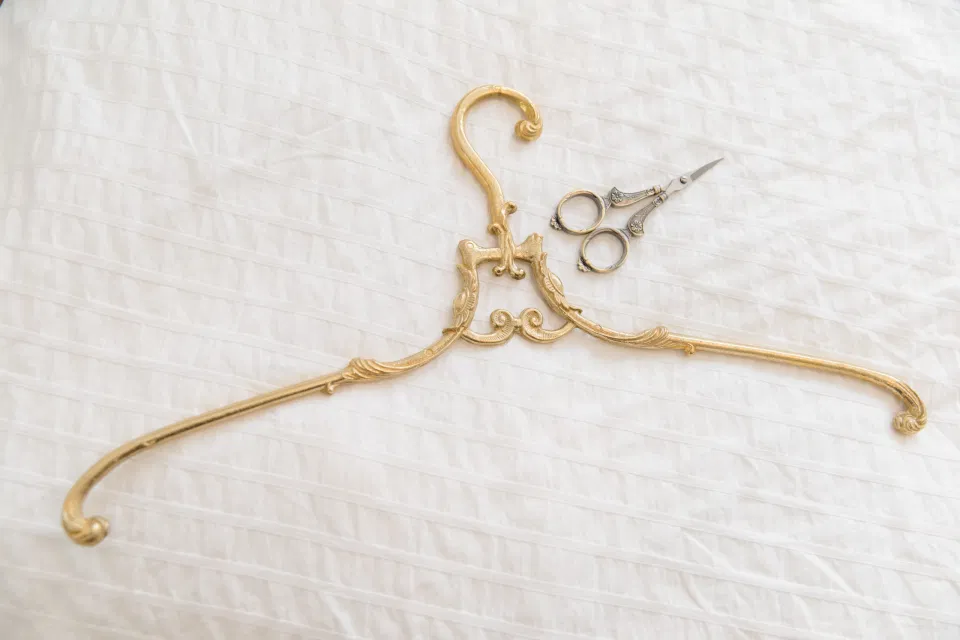 Gold Vintage Hanger and Brass/Gold Vintage Scissors for Wedding Styling Kit