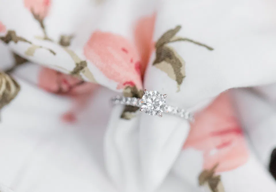 Beautiful Engagement Ring - Posed on Dress -  Grey Loft Studio